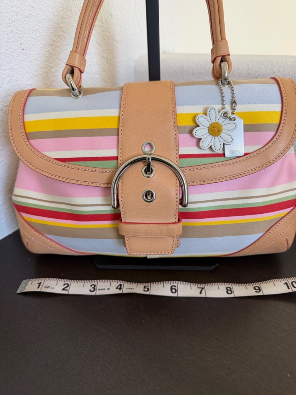 VINTAGE Coach Pink Multi-Stripe Leather-Trim Satchel with Floral Charm(LIKE NEW) - Picture 3 of 16